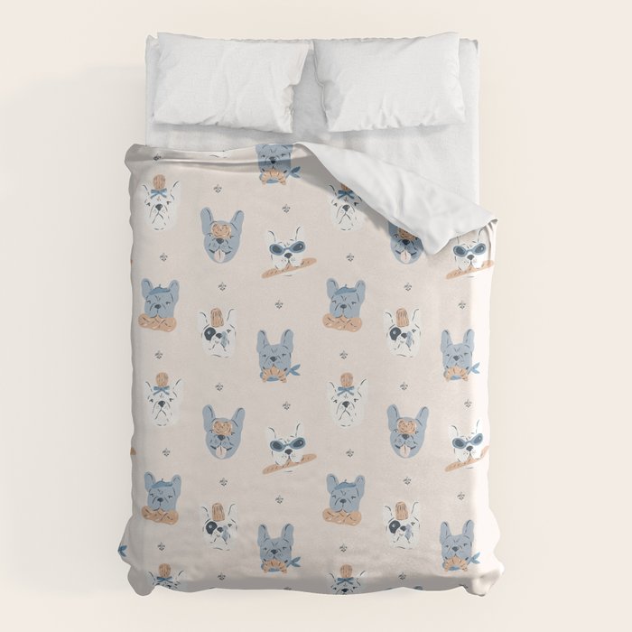 French Bulldogs with Pastries in Blue Duvet Cover Gallery Image 1