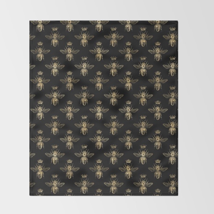 Black & Gold Queen Bee Pattern Throw Blanket Gallery Image 2