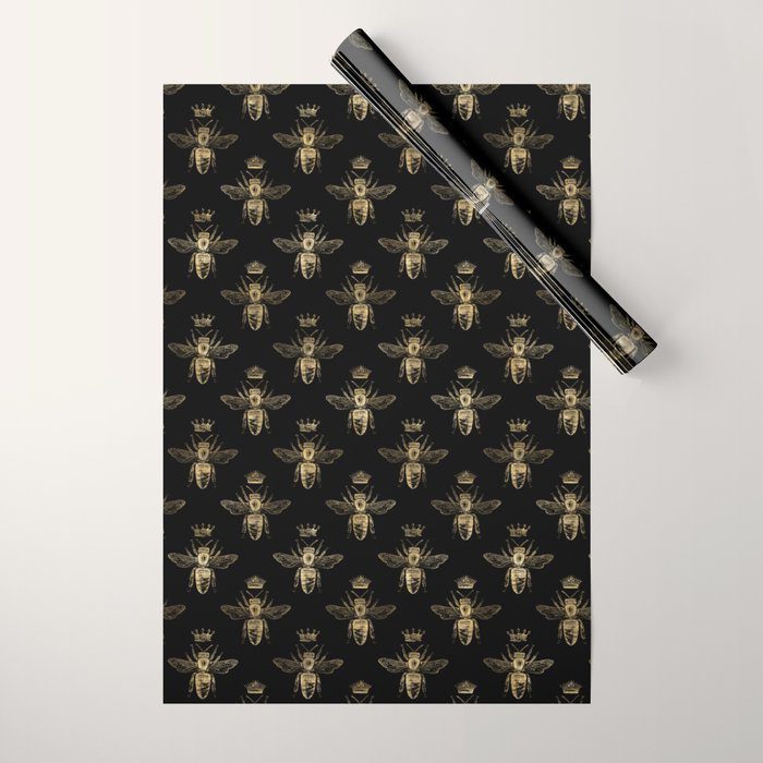 Black & Gold Queen Bee Pattern Wrapping Paper Gallery Image 1