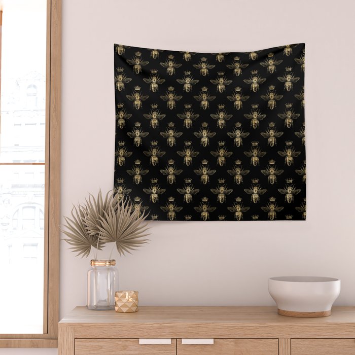 Black & Gold Queen Bee Pattern Wall Tapestry Gallery Image 2