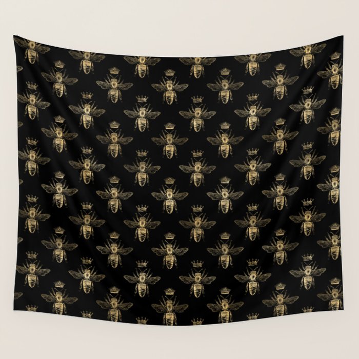 Black & Gold Queen Bee Pattern Wall Tapestry Gallery Image 1
