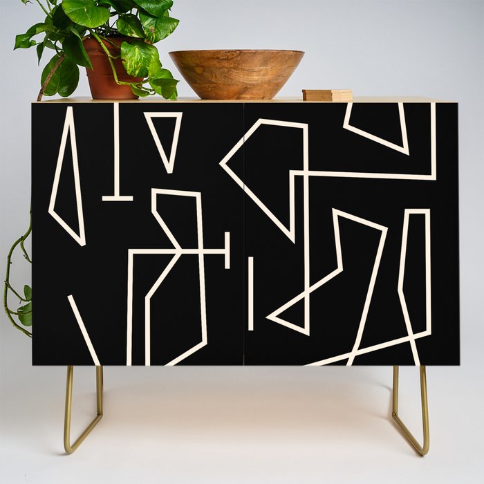Peripatesis Modern Minimalist Abstract Line Art in Black and Almond Cream Credenza Gallery Image 1