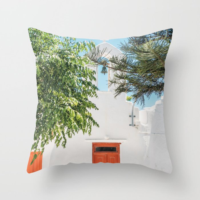 Orange Door in White Building in Greece - Summer Travel Throw Pillow Gallery Image 6