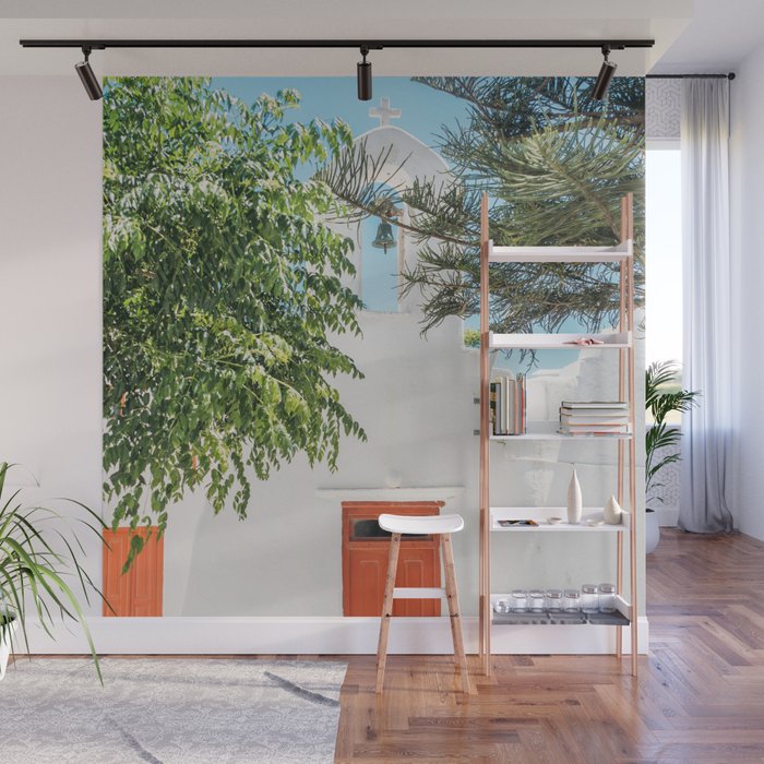 Orange Door in White Building in Greece - Summer Travel Wall Mural Gallery Image 1