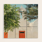 Orange Door in White Building in Greece - Summer Travel Wood Wall Art Gallery Image 1