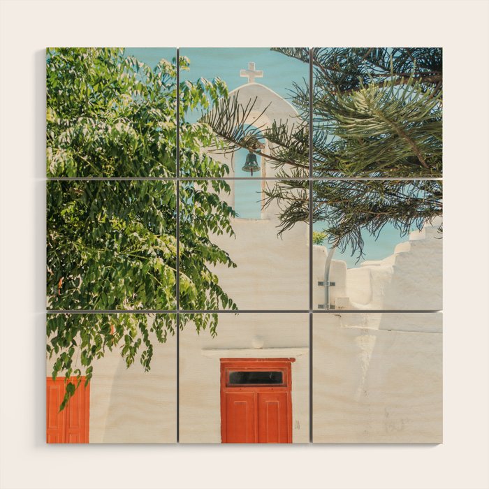 Orange Door in White Building in Greece - Summer Travel Wood Wall Art Gallery Image 1