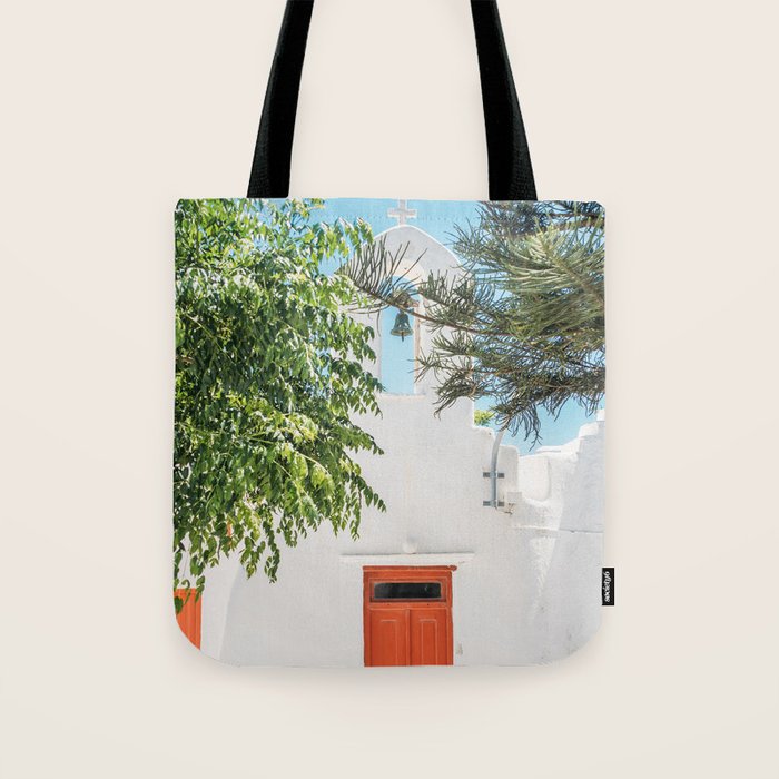 Orange Door in White Building in Greece - Summer Travel Tote Bag Gallery Image 1