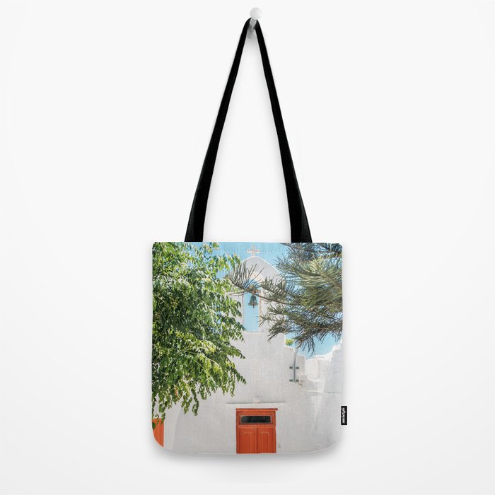 Orange Door in White Building in Greece - Summer Travel Tote Bag Gallery Image 2