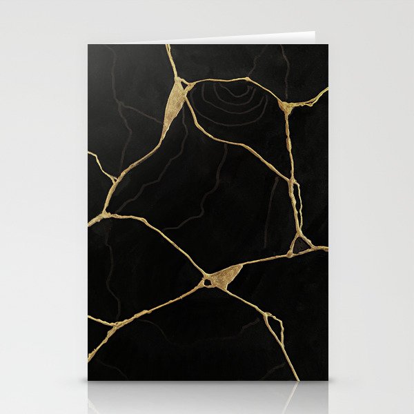 Black Kintsugi Japanese Broken Art, Japandi Style, Gold Cracks Stationery Card