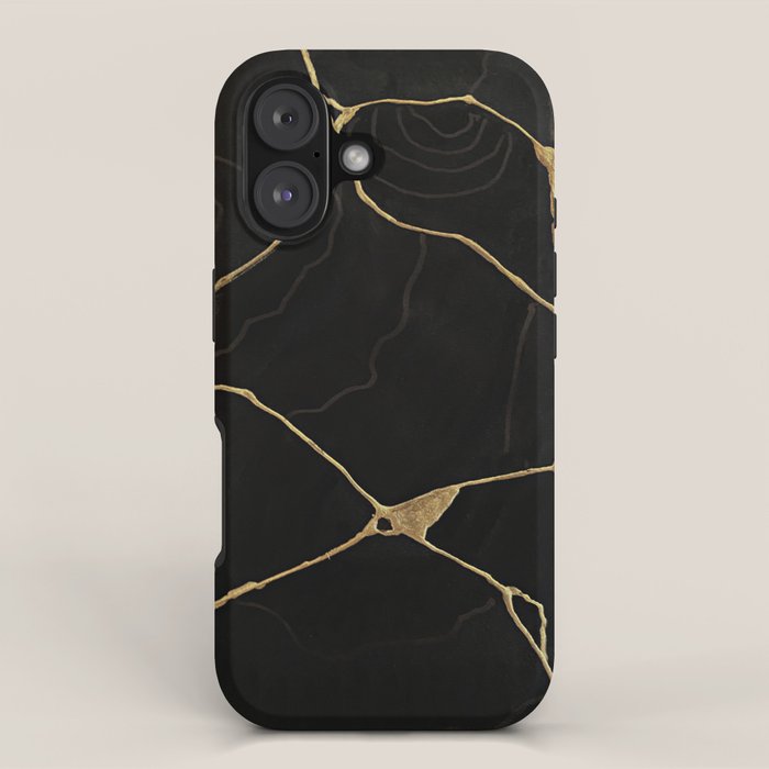 Black Kintsugi Japanese Broken Art, Japandi Style, Gold Cracks iPhone Case