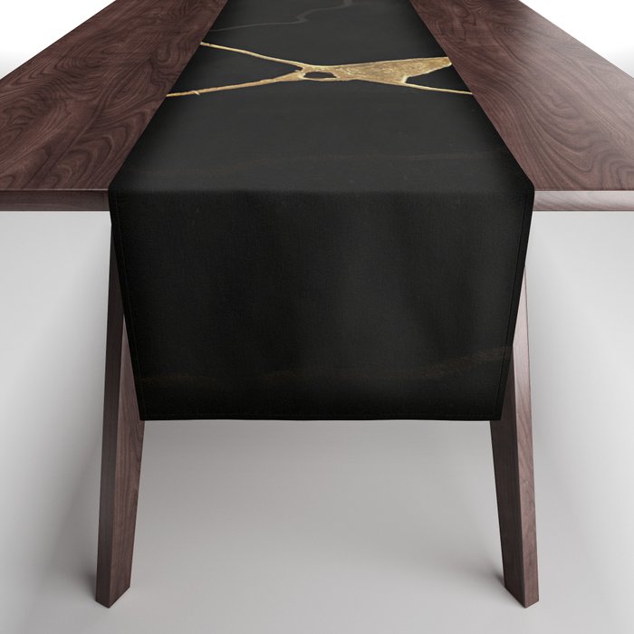 Black Kintsugi Japanese Broken Art, Japandi Style, Gold Cracks Table Runner