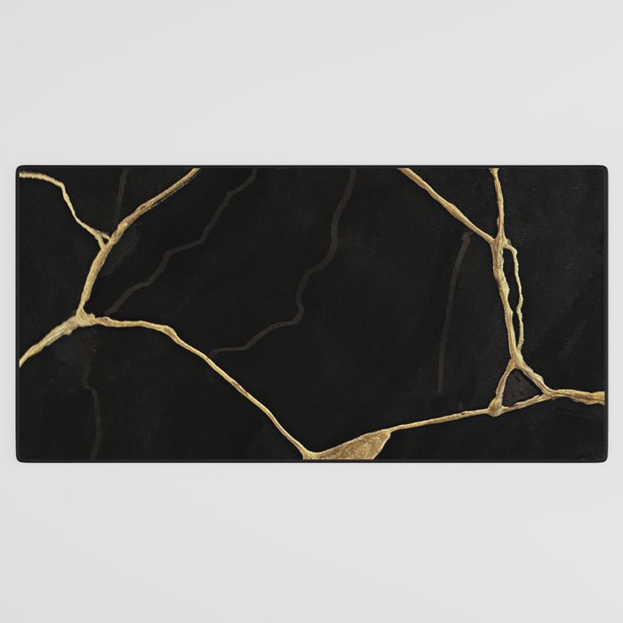Black Kintsugi Japanese Broken Art, Japandi Style, Gold Cracks Desk Mat Gallery Image 3