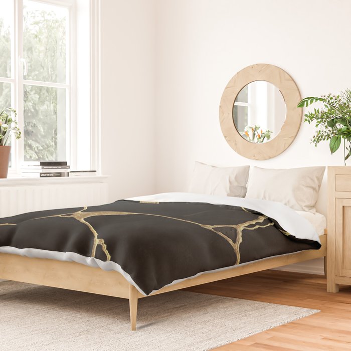 Black Kintsugi Japanese Broken Art, Japandi Style, Gold Cracks Duvet Cover Gallery Image 2