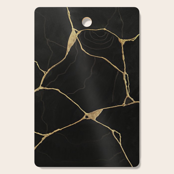 Black Kintsugi Japanese Broken Art, Japandi Style, Gold Cracks Cutting Board Gallery Image 1