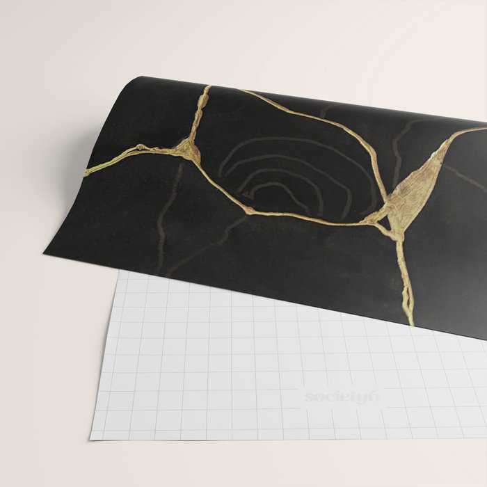 Black Kintsugi Japanese Broken Art, Japandi Style, Gold Cracks Wrapping Paper Gallery Image 2