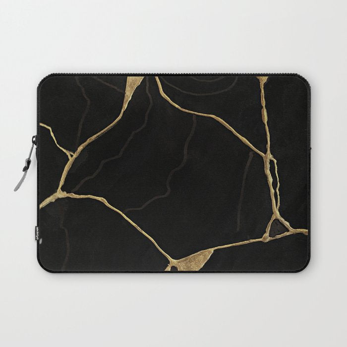 Black Kintsugi Japanese Broken Art, Japandi Style, Gold Cracks Laptop Sleeve Gallery Image 1