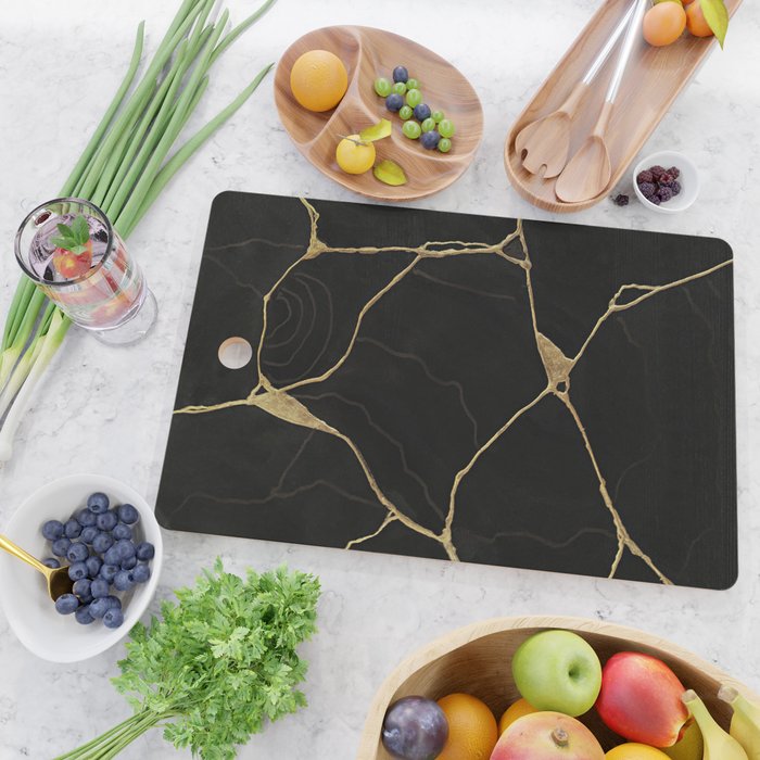 Black Kintsugi Japanese Broken Art, Japandi Style, Gold Cracks Cutting Board Gallery Image 2