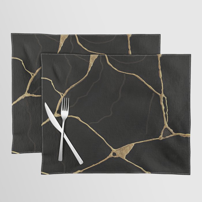Black Kintsugi Japanese Broken Art, Japandi Style, Gold Cracks Placemat Gallery Image 1