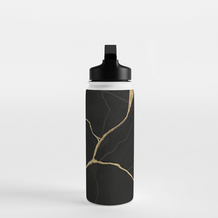 Black Kintsugi Japanese Broken Art, Japandi Style, Gold Cracks Water Bottle Gallery Image 3