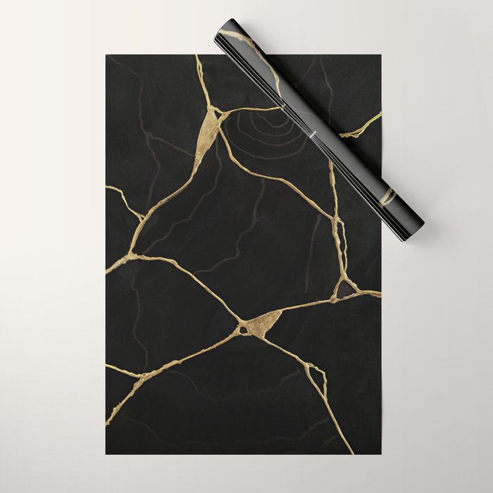 Black Kintsugi Japanese Broken Art, Japandi Style, Gold Cracks Wrapping Paper Gallery Image 1
