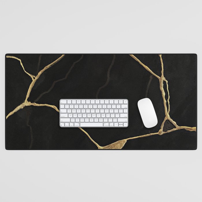 Black Kintsugi Japanese Broken Art, Japandi Style, Gold Cracks Desk Mat Gallery Image 1