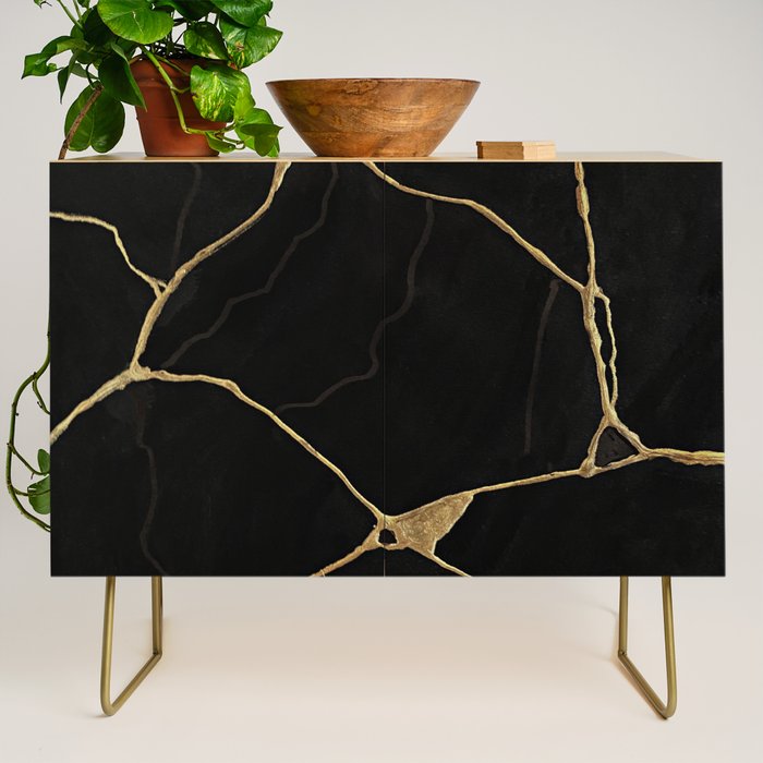 Black Kintsugi Japanese Broken Art, Japandi Style, Gold Cracks Credenza Gallery Image 1