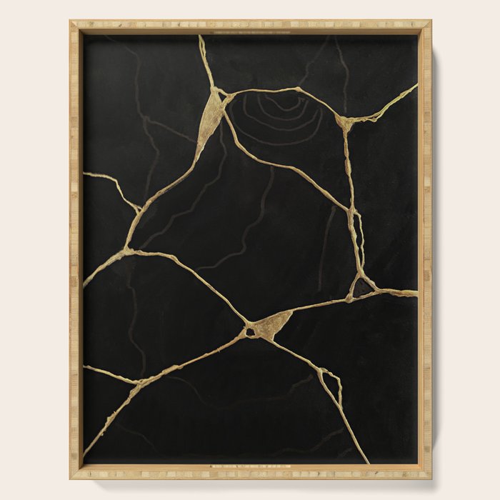 Black Kintsugi Japanese Broken Art, Japandi Style, Gold Cracks Serving Tray Gallery Image 1