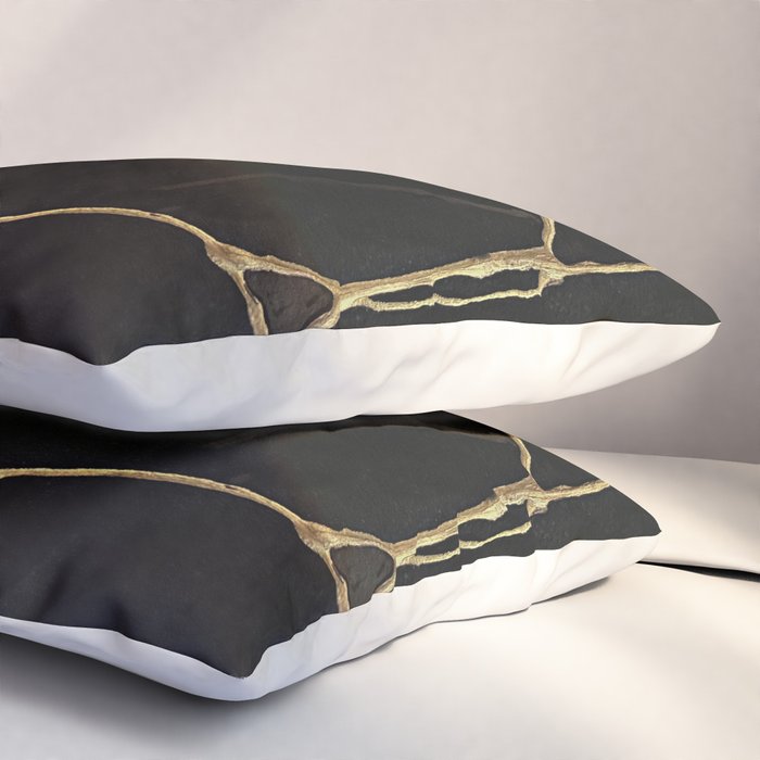 Black Kintsugi Japanese Broken Art, Japandi Style, Gold Cracks Pillow Sham Gallery Image 3