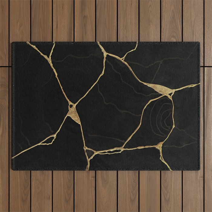 Black Kintsugi Japanese Broken Art, Japandi Style, Gold Cracks Outdoor Rug Gallery Image 1
