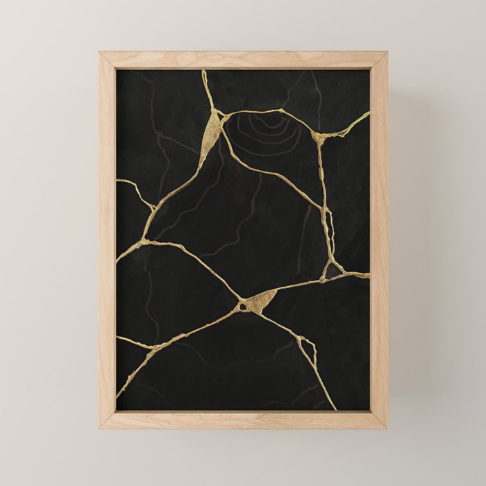 Black Kintsugi Japanese Broken Art, Japandi Style, Gold Cracks Mini Art Print