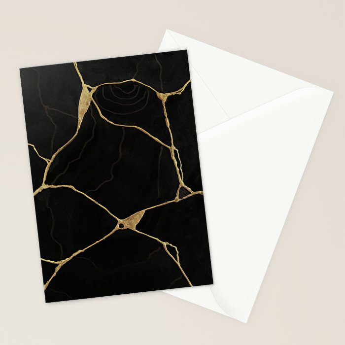Black Kintsugi Japanese Broken Art, Japandi Style, Gold Cracks Stationery Card Gallery Image 2