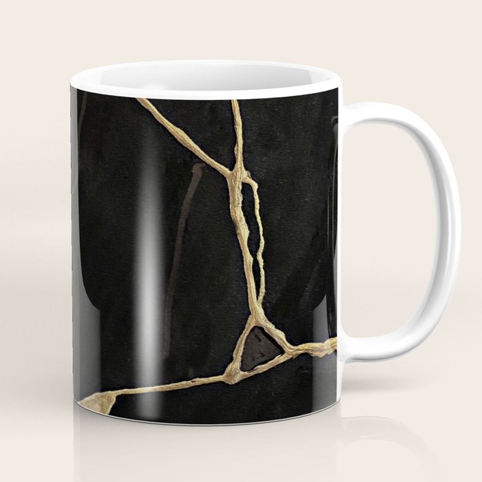 Black Kintsugi Japanese Broken Art, Japandi Style, Gold Cracks Coffee Mug