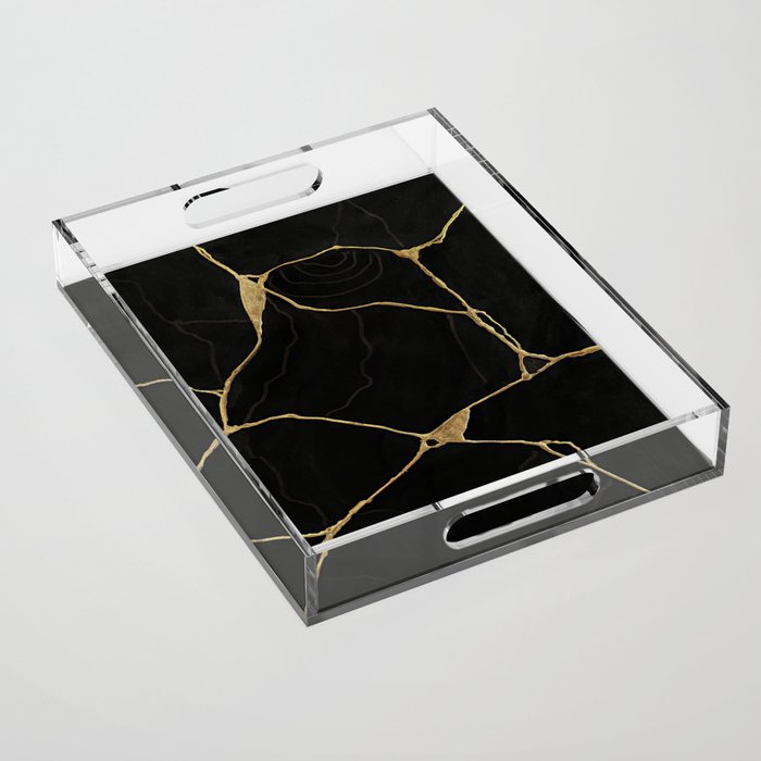 Black Kintsugi Japanese Broken Art, Japandi Style, Gold Cracks Acrylic Tray Gallery Image 1