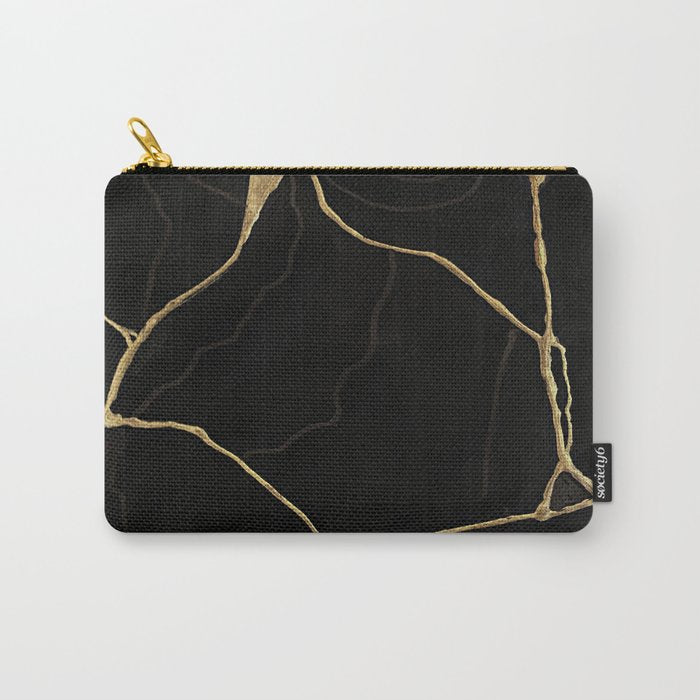 Black Kintsugi Japanese Broken Art, Japandi Style, Gold Cracks Carry All Pouch Gallery Image 1