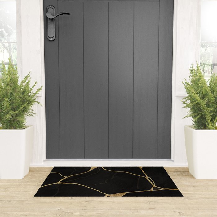 Black Kintsugi Japanese Broken Art, Japandi Style, Gold Cracks Welcome Mat Gallery Image 3