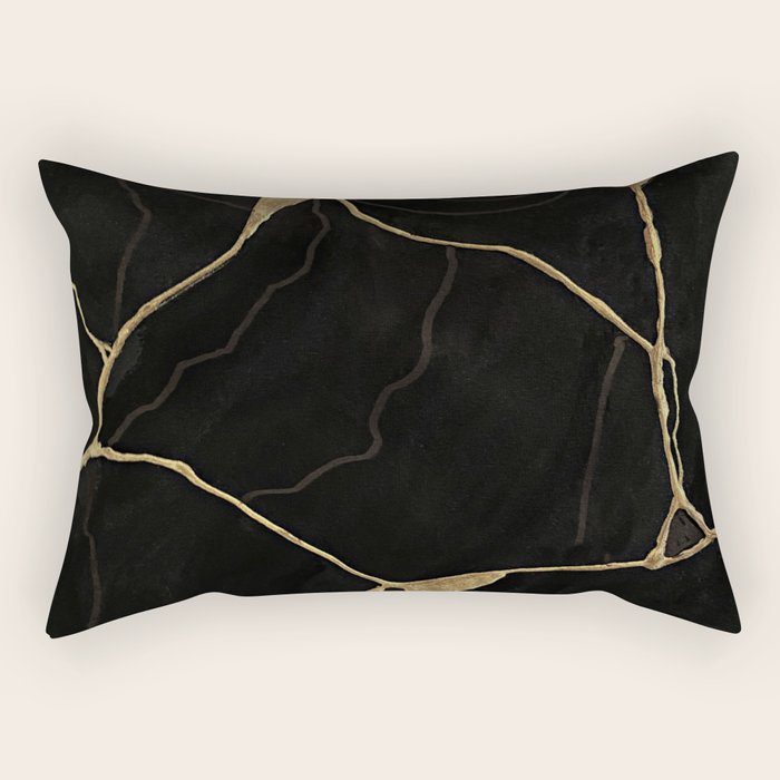 Black Kintsugi Japanese Broken Art, Japandi Style, Gold Cracks Rectangular Pillow Gallery Image 1
