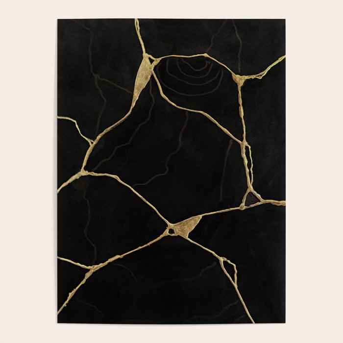 Black Kintsugi Japanese Broken Art, Japandi Style, Gold Cracks Poster Gallery Image 4