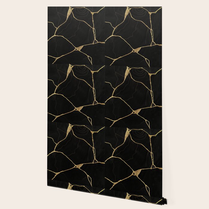Black Kintsugi Japanese Broken Art, Japandi Style, Gold Cracks Wallpaper Gallery Image 2