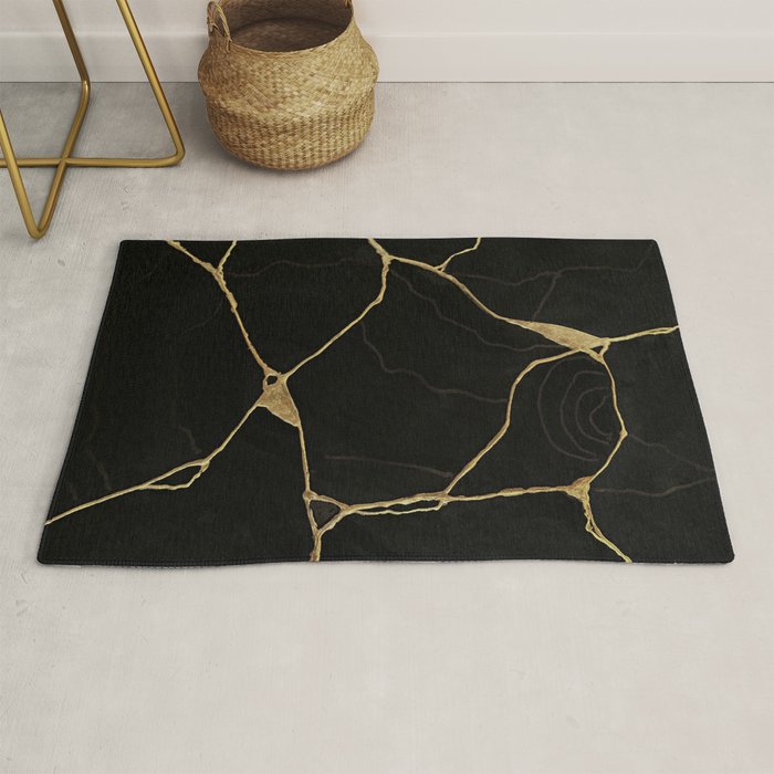 Black Kintsugi Japanese Broken Art, Japandi Style, Gold Cracks Rug Gallery Image 1