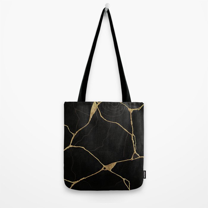 Black Kintsugi Japanese Broken Art, Japandi Style, Gold Cracks Tote Bag Gallery Image 2