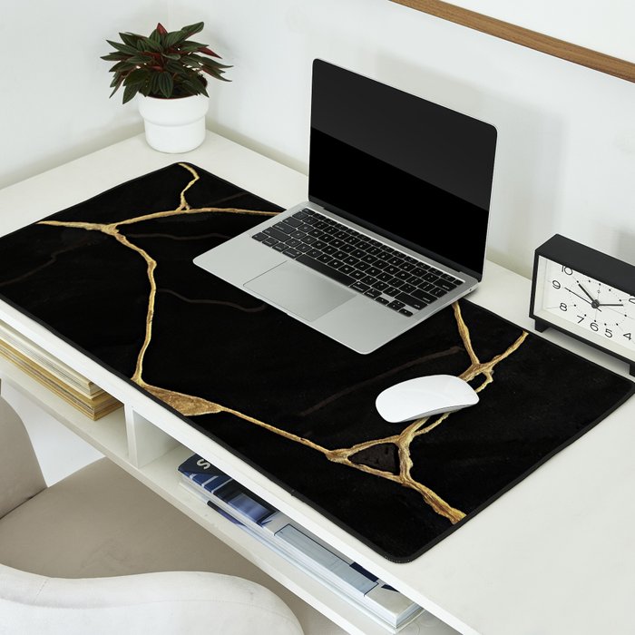Black Kintsugi Japanese Broken Art, Japandi Style, Gold Cracks Desk Mat Gallery Image 2
