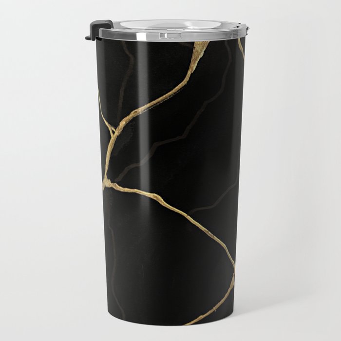 Black Kintsugi Japanese Broken Art, Japandi Style, Gold Cracks Travel Mug Gallery Image 3