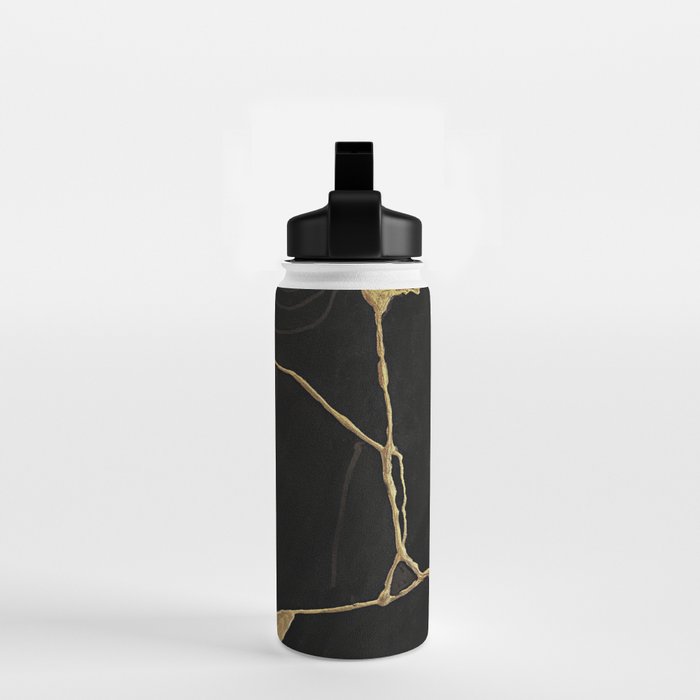 Black Kintsugi Japanese Broken Art, Japandi Style, Gold Cracks Water Bottle Gallery Image 2