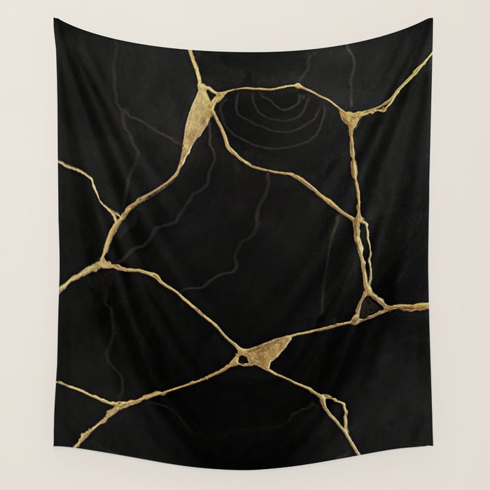 Black Kintsugi Japanese Broken Art, Japandi Style, Gold Cracks Wall Tapestry Gallery Image 1