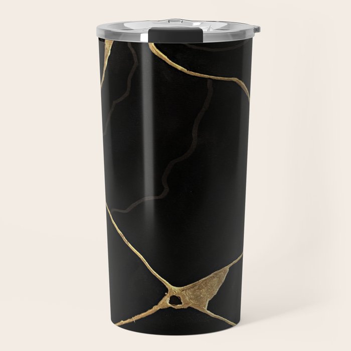 Black Kintsugi Japanese Broken Art, Japandi Style, Gold Cracks Travel Mug Gallery Image 1