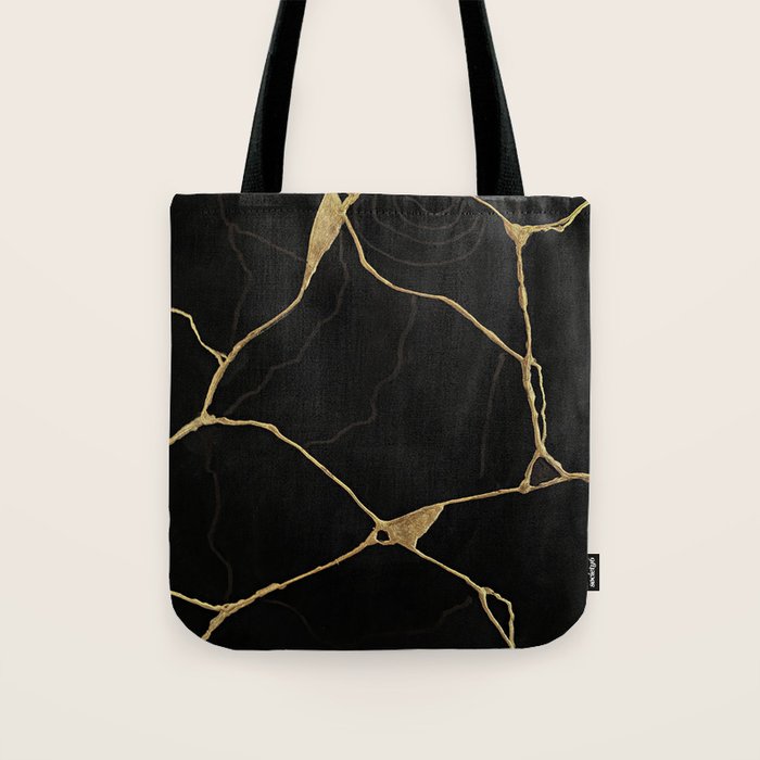 Black Kintsugi Japanese Broken Art, Japandi Style, Gold Cracks Tote Bag Gallery Image 1