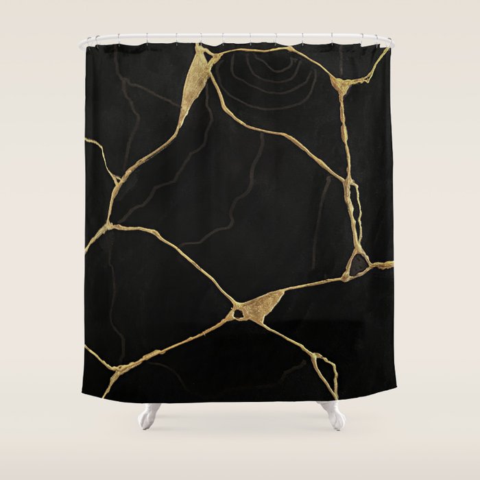 Black Kintsugi Japanese Broken Art, Japandi Style, Gold Cracks Shower Curtain Gallery Image 1