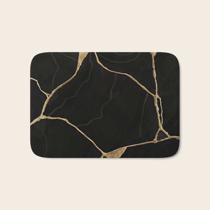 Black Kintsugi Japanese Broken Art, Japandi Style, Gold Cracks Bath Mat Gallery Image 1