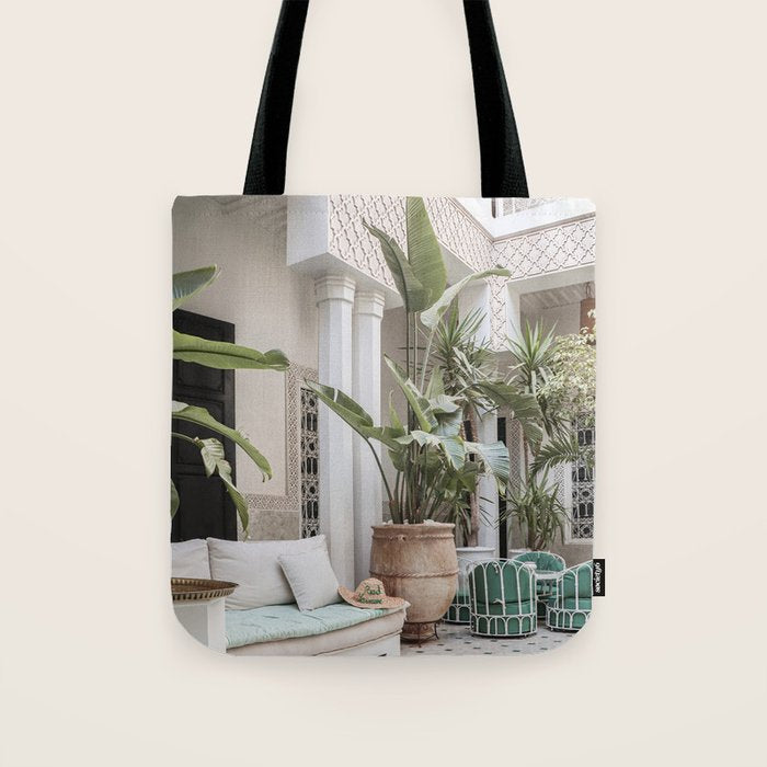 Moroccan Riad In Marrakech Photo | Arabic Interior Design Art Print | Green Tropical Travel Photography Tote Bag Gallery Image 1
