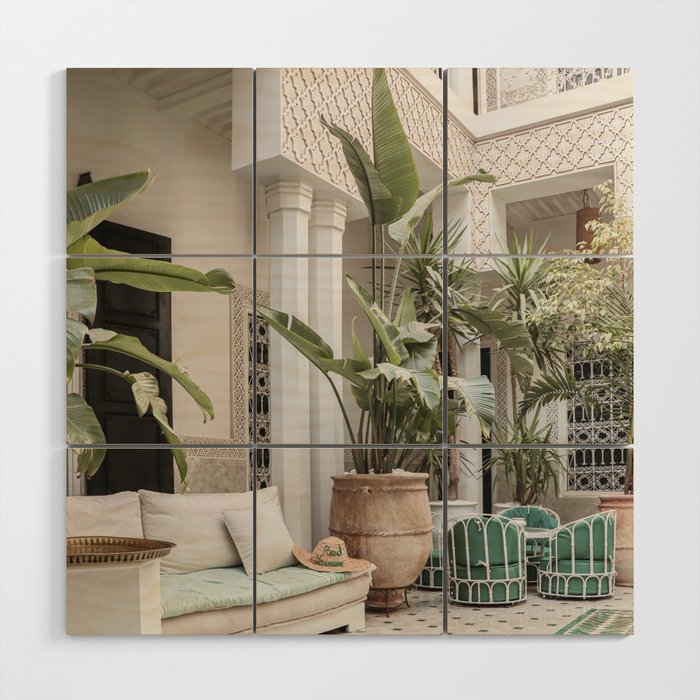 Moroccan Riad In Marrakech Photo | Arabic Interior Design Art Print | Green Tropical Travel Photography Wood Wall Art Gallery Image 1